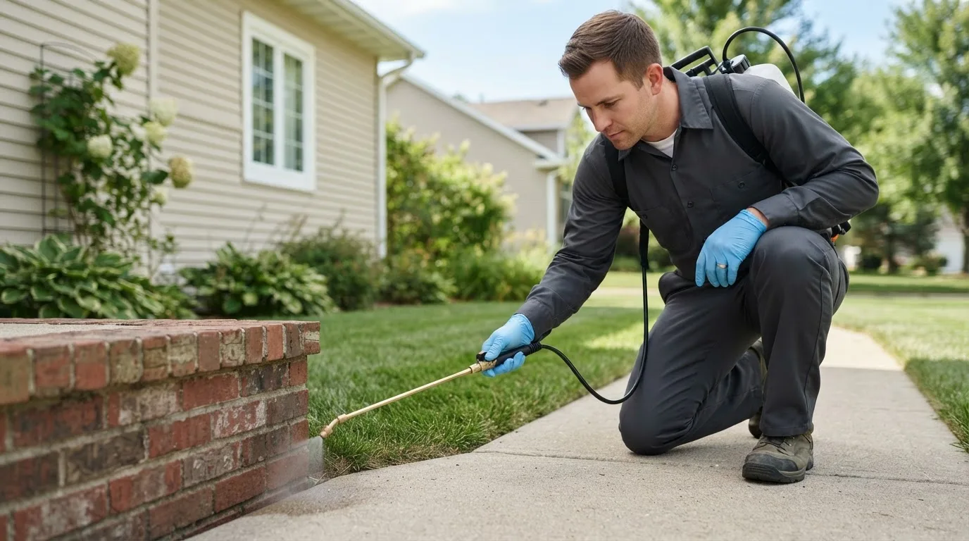 Pest control technician treating a home near South Strafford, VT